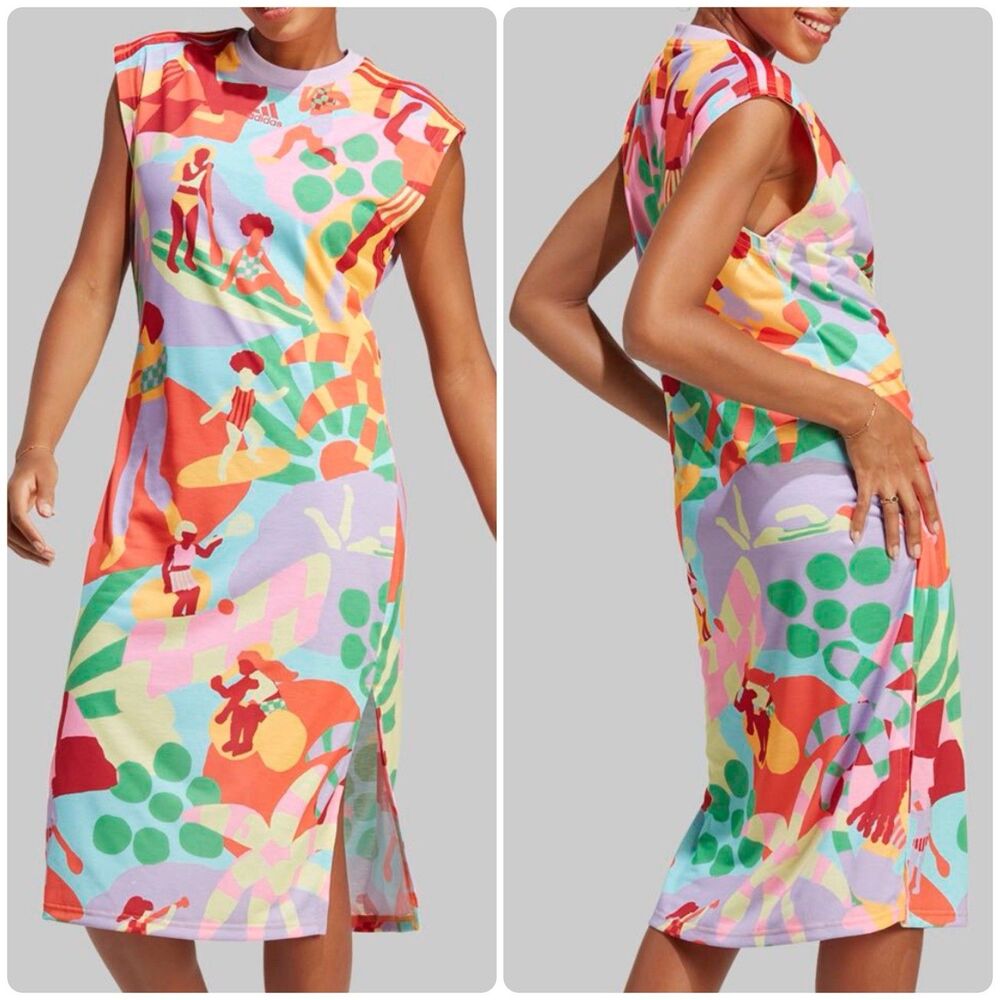 Adidas x Farm Rio Colorful Printed Beachy Tank Midi Dress Womens sz XS